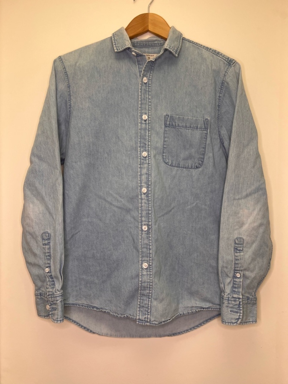 Topman Light Wash Denim Button Down Shirt Size Small 100% Cotton